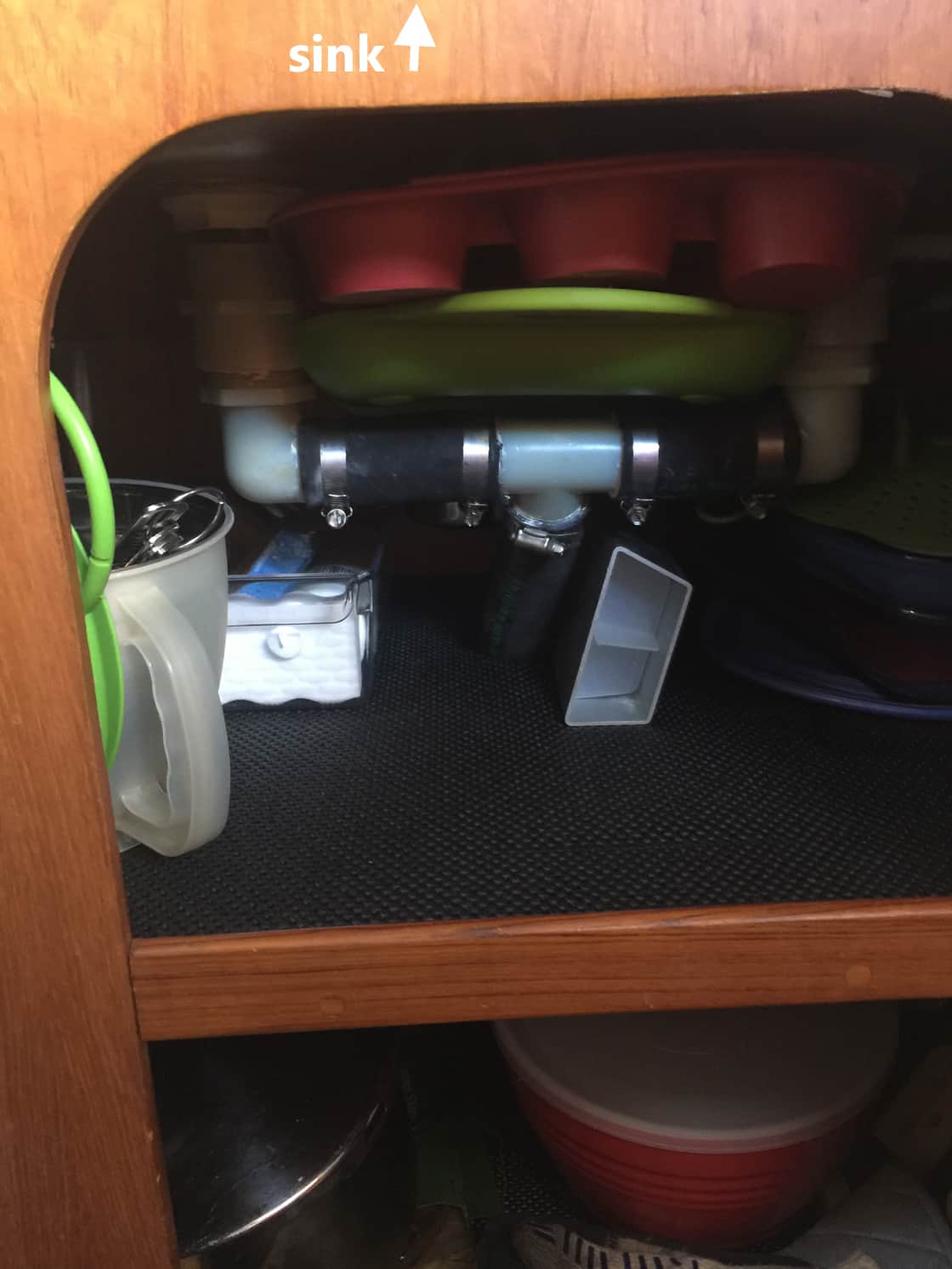 Area under the sink on a Caliber 40 monohull.