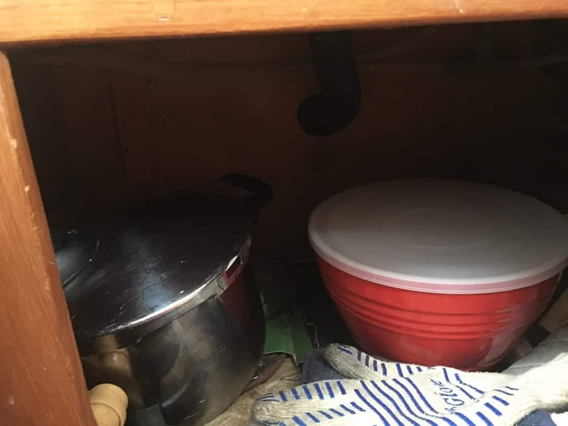 Area under the sink on a Caiber 40 sailboat.