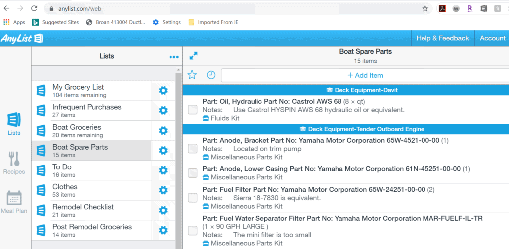 AnyList - boat spare parts list