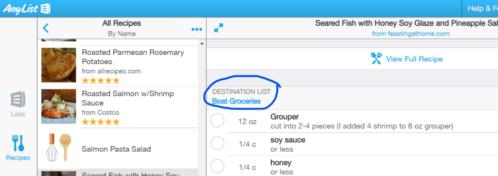AnyList App - Destination shopping list from a recipe