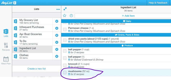 AnyList App - Ingredient list for provisioning