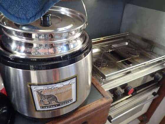 Thermal Cooker: I absolutely love my thermal cooker -- start dinner on the stove when it's convenient then transfer the pans to the thermal cooker and let it continue to cook 4 to 8 hours without having to tend to it. Use less stove fuel and don't heat up the cooking area. Best thing: go have fun and come home to a fully-cooked dinner!